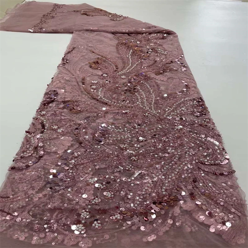 

2022 Beaded African Mesh Lace Fabric, High Quality Sequins French Mesh Tulle Lace Fabric Mesh Lace Wedding Sewing dx23-52