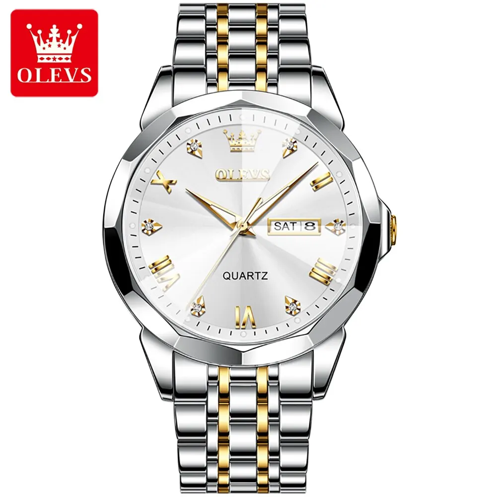 OLEVS Men's Rhombus Mirror Quartz Watch - Waterproof, Luminous Stainless Steel Wristwatch with Date and Week Display
