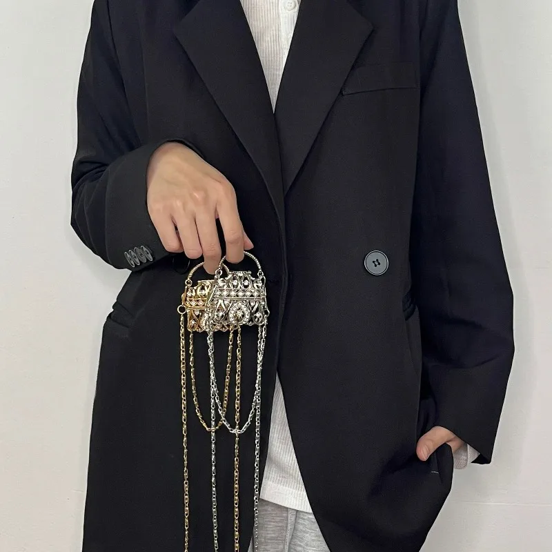 Gold Silver Rhinestone Mini Bag Women's Chain Crossbody Bags Metal Hollow Shell Shoulder Bag Body Decoration Small Coin Purse