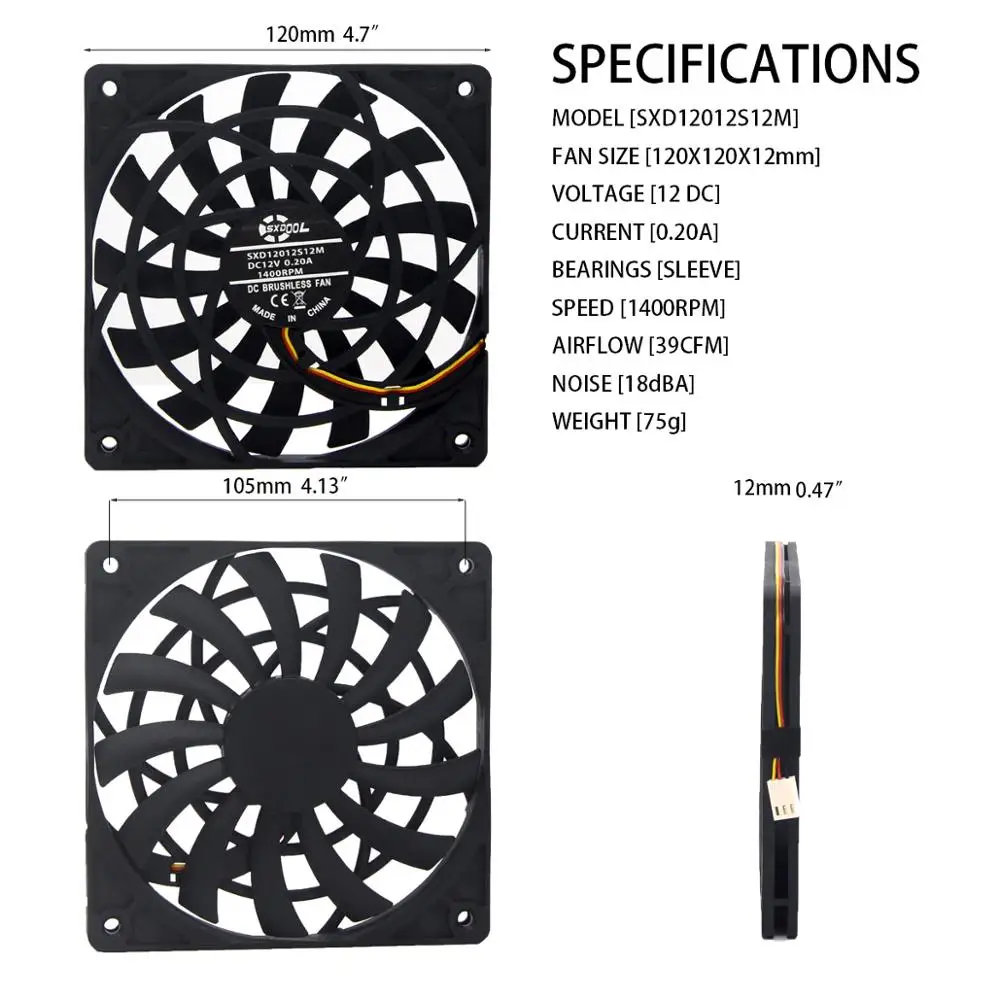 SXDOOL 12012   , 12mm β, 120x12mm, DC 12V, 0.20A, 39CFM, 1400RPM, 18dba, 1 , ǰ
