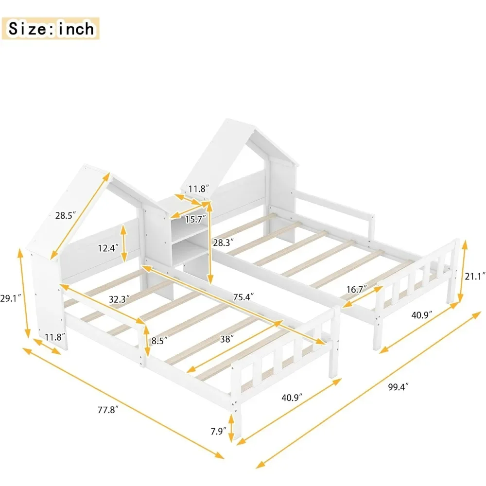 Double Twin Bed Frame for Kids, Bed Frame with House Shaped Nightstand, Twin Size Shared Beds Frame Double 2