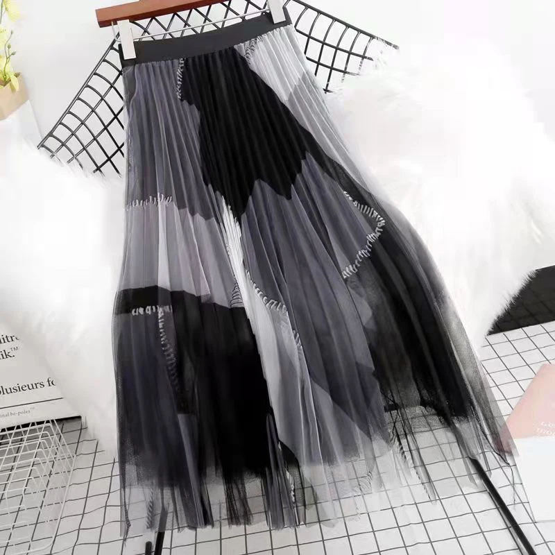 Lucyever Fashion Patchwork Pleated Tulle Skirt Women 2022 Summer Contrast A Line Long Skirt High Waist Mesh Maxi Skirts De Mujer black skirt