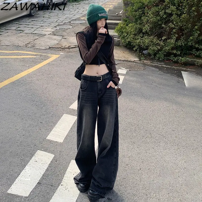 

AWAHIKI American High Street Wide Leg Solid Color Women Jeans New Autumn High Waist Loose Straight Casual All Match Denim Pants