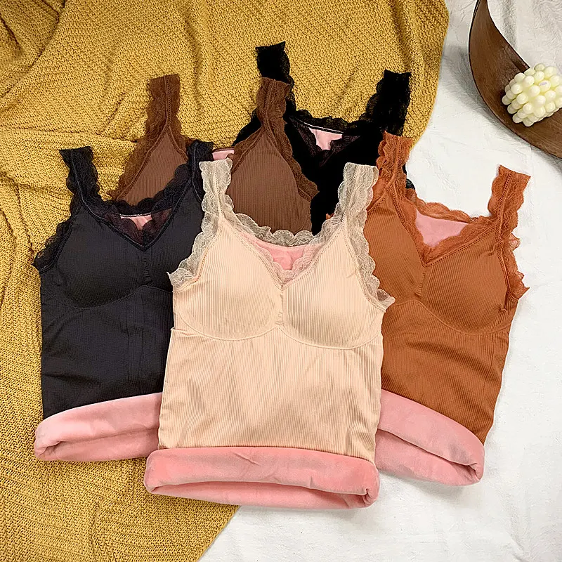 가을과 겨울 새로운 슬림 핏 섹시한 레이스 양털 안감 따뜻한 슬링 바닥 셔츠 한국 스타일 최고 민소매 조끼 여성
