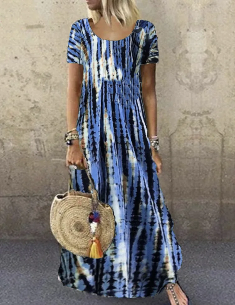 

2023 Summer Casual Boho Print Long Dress Women Elegant O Neck Short Sleeve Party Big Hem Loose Vintage Maxi Vestidos S-5XL