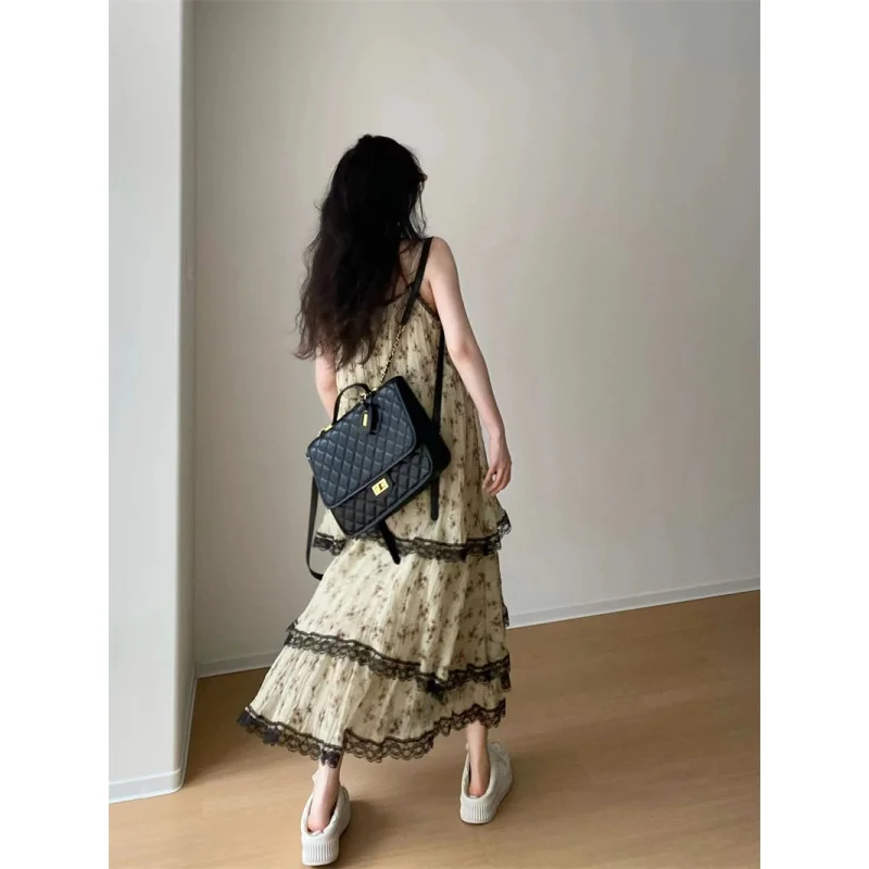 

Tea Break French Floral Strap Dress Women's Autumn New Design Sense Niche Loose Long Dress