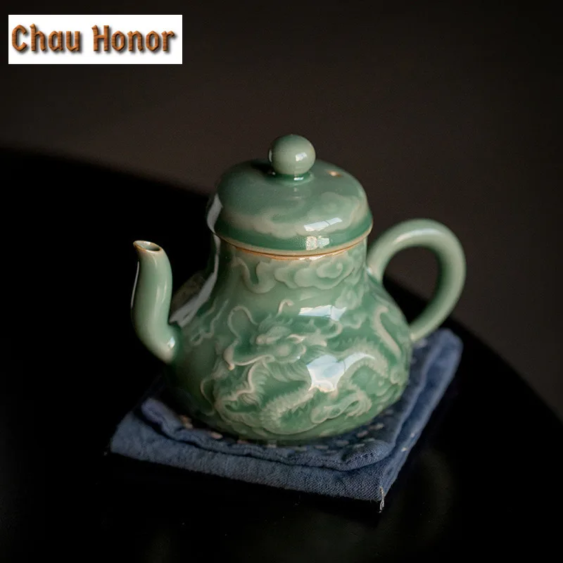Boutique Yue Kiln Celadon Ceramic Teapot Relief Dragon And Phoenix Art Single Pot With Filter Household Kung Fu Tea Maker Tools