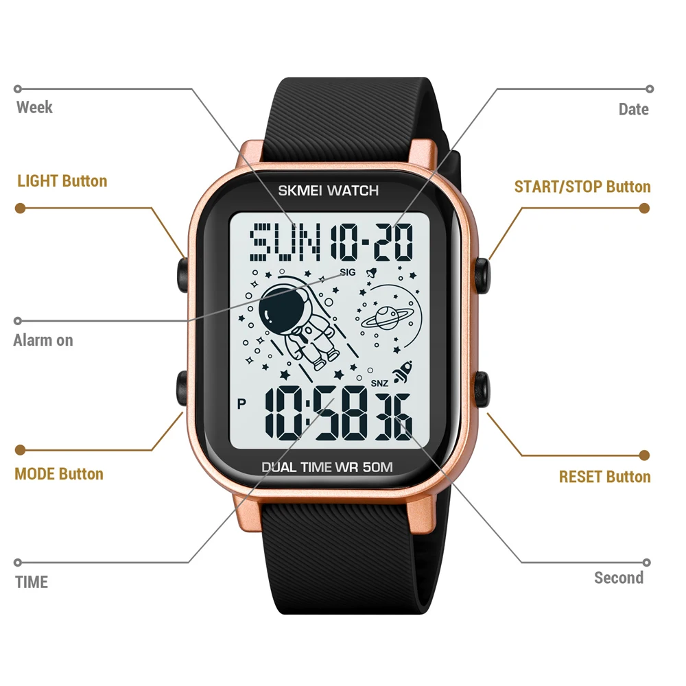 SKMEI Astronaut Creative Electronic Watches for Men Fashion Square Silicone Strap Led Digital Watch Waterproof Male Wristwatch 5