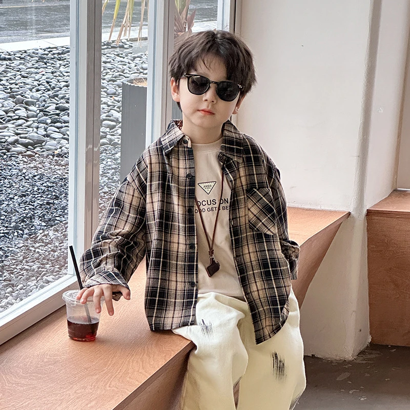 Spring Autumn baby shirts children fashion plaid long sleeve shirt boys turn-down collar loose cotton Tops