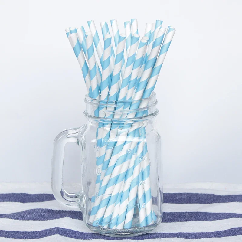 Paper Straws, 50 Baby Blue and White Stripe Straws and Silver Star straws