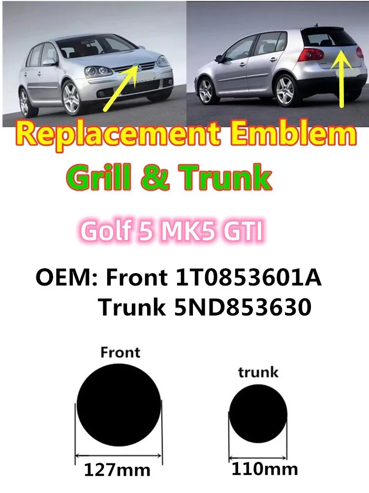 골프 5 Golf5 MK5 2003-2007 127mm 프론트 그릴 커버 또는 110mm 리어 트렁크 리드 커버 자동차 스타일링 로고 액세서리 2개