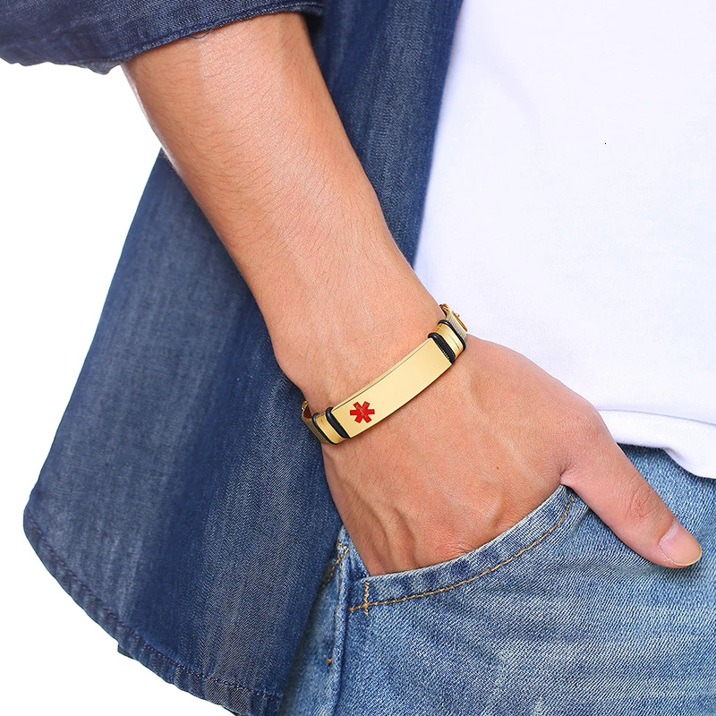 Medical Alert Bracelet Free Engraving Stainless Steel Adjustable For Men Women Diabetes ICE Wristband