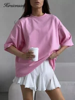 Hirsionsan Summer Casual Oversized T-shirts Women 100% Cotton Pink Loose Tees 2025 New Cusual Solid O Neck Female Aesthetic Tops - Image 3