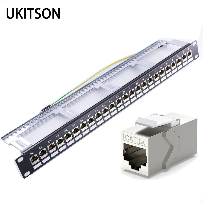 Patch Panel 24 Portas Escudo Cat6a Rj45 Keystone 10g Suporte Pass-thru Acoplador Plug Utp 19-polegada Rede Lan Rack-mount Frame