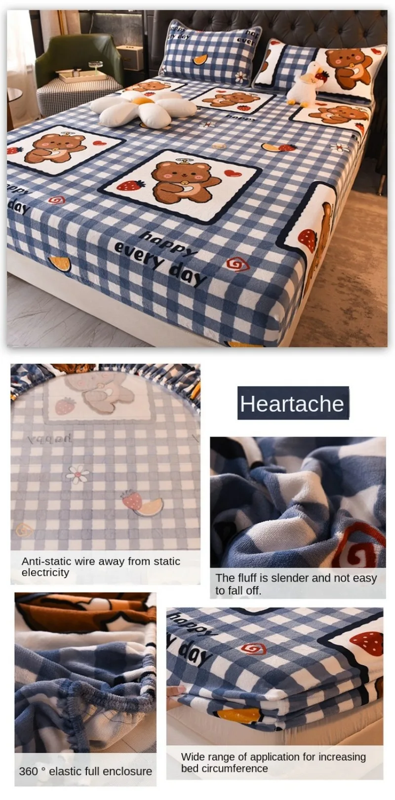 Description Picture 5 of itemQueen Double Size Bed Sheet Polyester Elastic Fitted Sheet Velvet Soft Flannel Warm Mattress Cover King Full Twin Size Winter