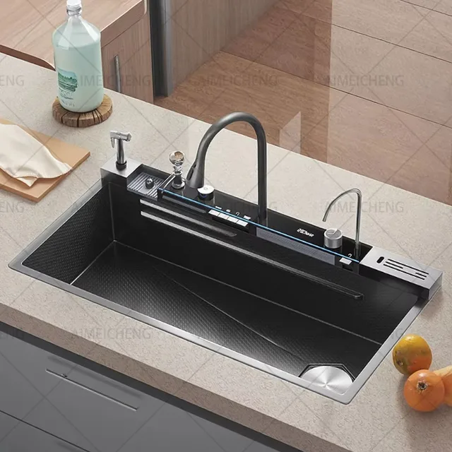 ขายร้อนสแตนเลสน้ําตกอ่างล้างจานมีดดิจิตอลจอแสดงผลก๊อกน้ําชุดนูนขนาดใหญ่พิเศษ SINGLE SLOT 1