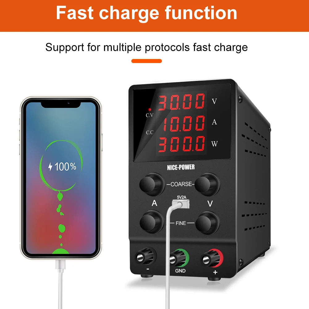조정 가능한 실험실용 DC 전원 공급 장치 0-30V 5A/10A 60V 5A 120V 3A 4자리 LED 디스플레이 4개 노브 거친 및 미세 조정 기능, 냉각 팬 포함