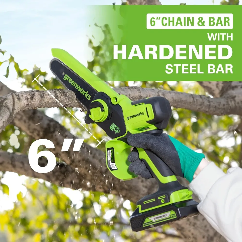 24V 6" Brushless Mini Chainsaw, Small Cordless Handheld Saw, 2.0Ah Battery and Charger Included