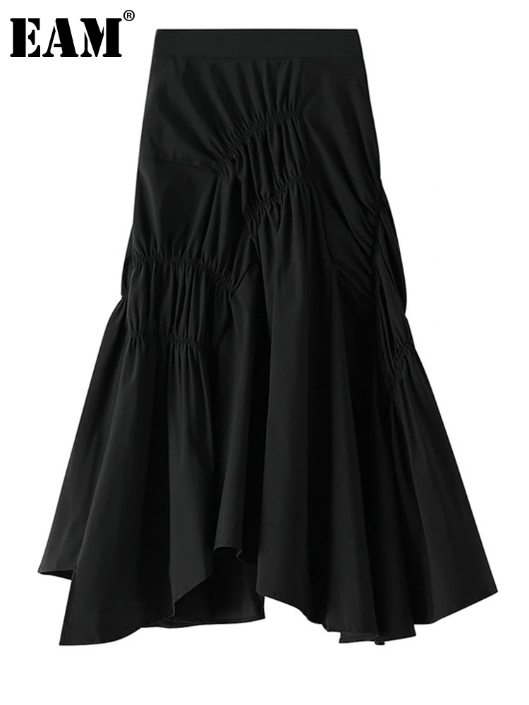 [EAM] High Elastic Waist Black Irregular Pleated Elegant Half-body Skirt Women Fashion Tide New Spring Autumn 2024 1DF9990