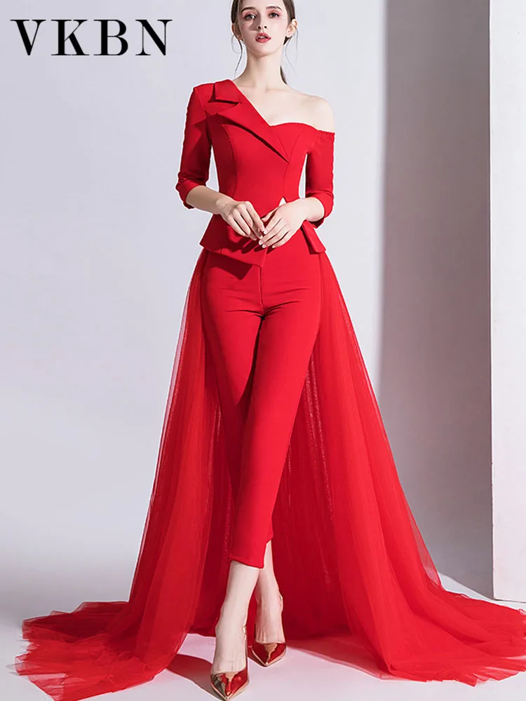 VKBN Red Wedding Pants Suits Women Luxury Fashion Single Shoulder Design Ladies Pantsuits Banquet 3pcs Set Outfits 2022 women s clothing spring summer sexy puff sleeve jacket ladies temperamental commute wide leg trousers fashion 3pcs suit new