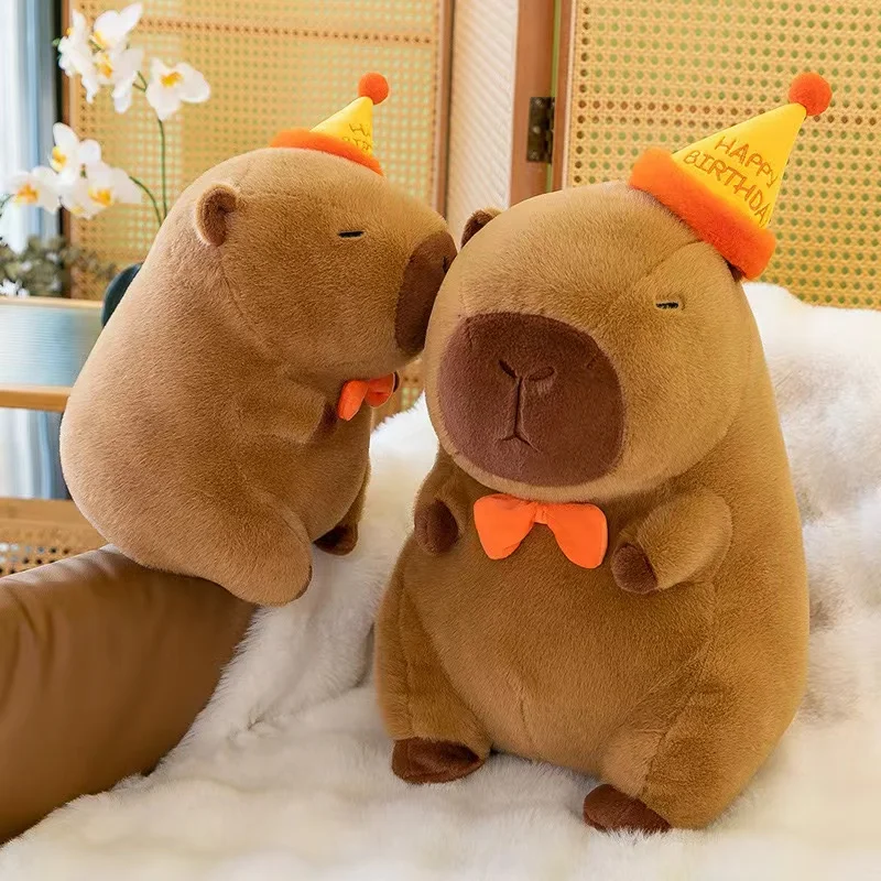 Happy Birthday Hat Capybara Doll 30cm Super Soft Plush Capibara Toys Home Decor Cartoon Anime Stuffed Animal Doll