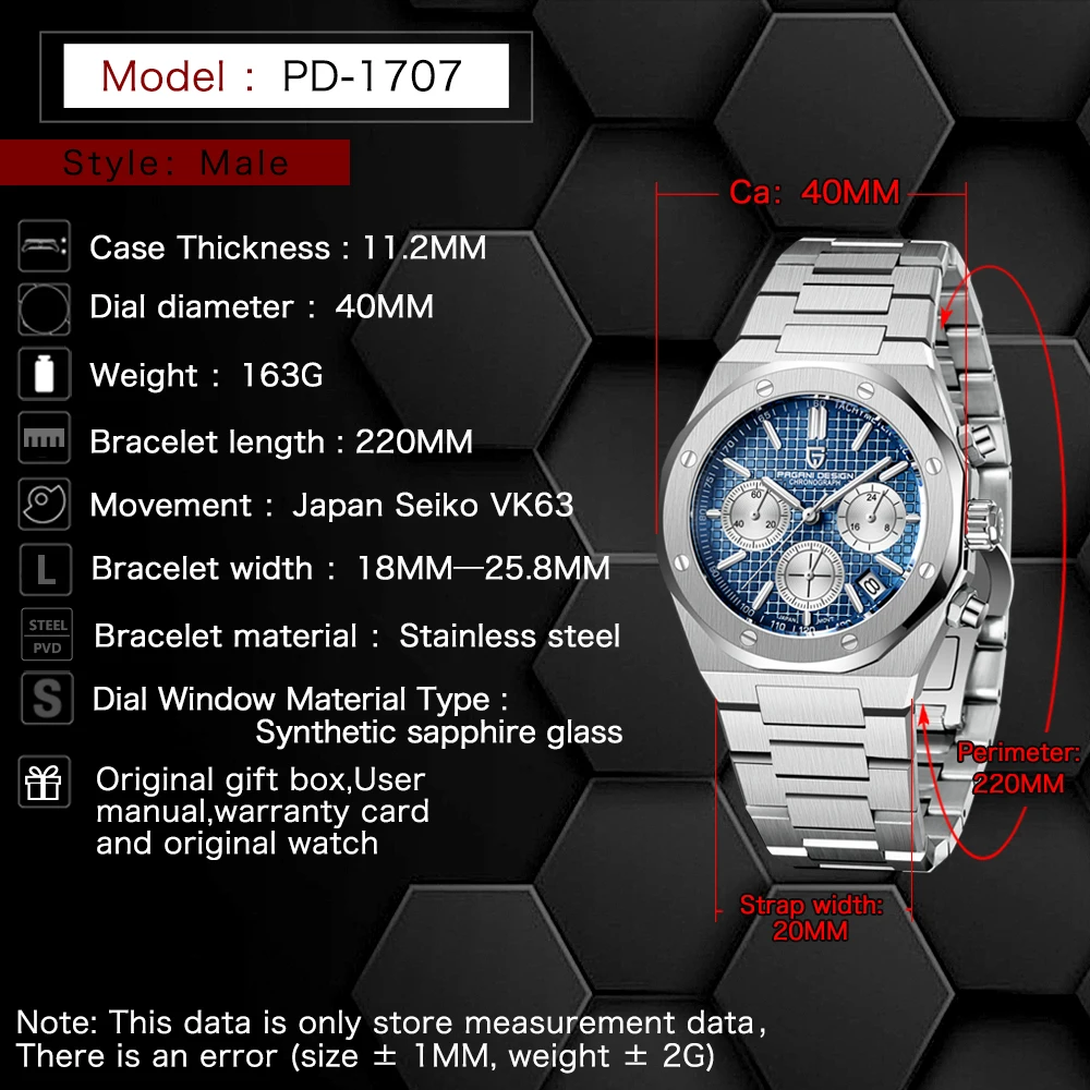 Мужские кварцевые часы PAGANI Design, водонепроницаемые спортивные часы из нержавеющей стали с хронографом и сапфировым стеклом, 2024 м, 200