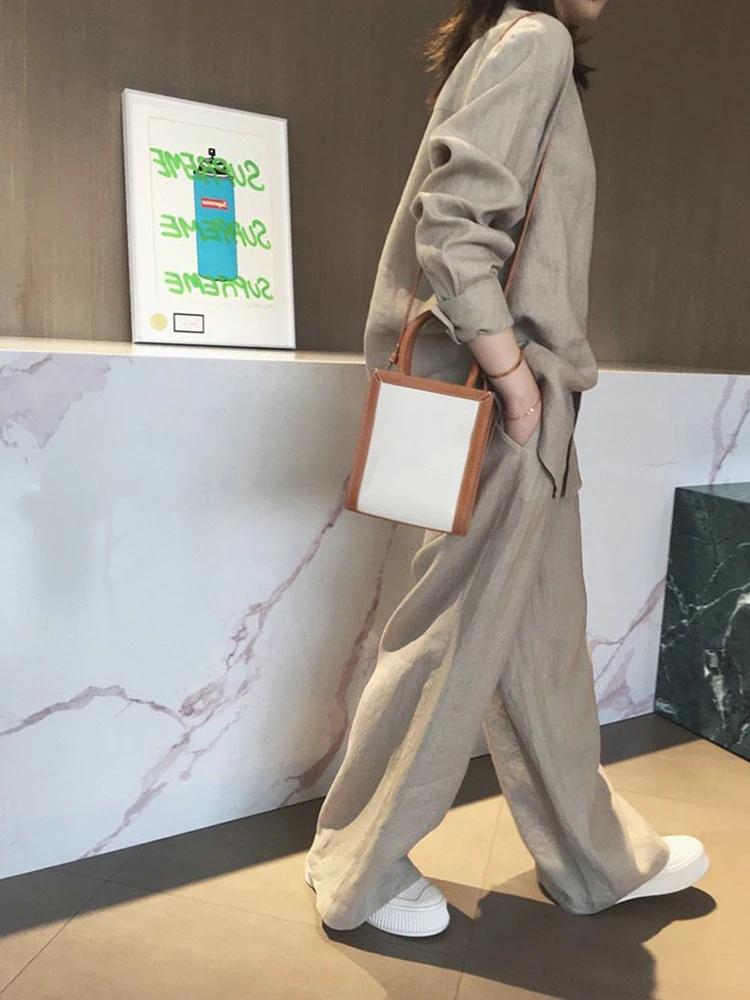 [LANMREM] Linen 2 Piece Set For Women Single Breasted Loose Shirts Elastic High Waist Wide Leg Pants 2024 Summer New 26D9280