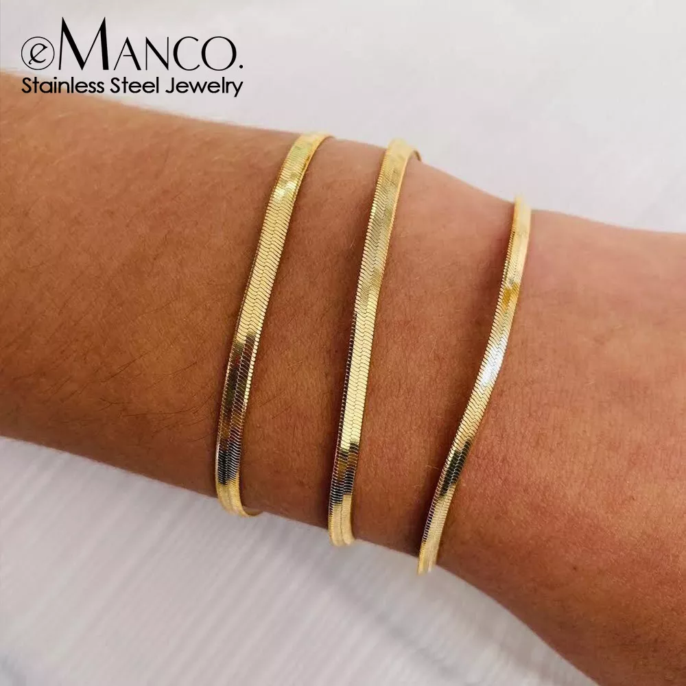 eManco Women Trend Classic Snake Chain Bracelet Gold Color Width 2/3/4/5MM Stainless Steel Chain Bracelet For Women Jewelry Gift
