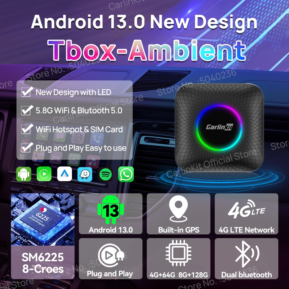 2024 CarlinKit CarPlay AI Box Android 13 SM6225 QCM6125 8-Core Android Auto Wireless CarPlay Adattatore WiFi 4GLTE Connect GPS 64G 128G FOTA Aggiornamento per auto CarPlay cablate