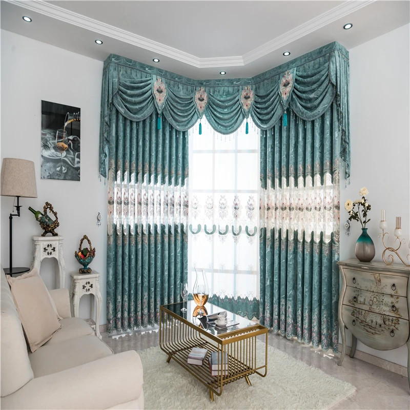 

High Quality European Style Luxury Green Curtains For Living Room Window Pink Gold Embroidered Bedroom Kitchen Valance Curtains