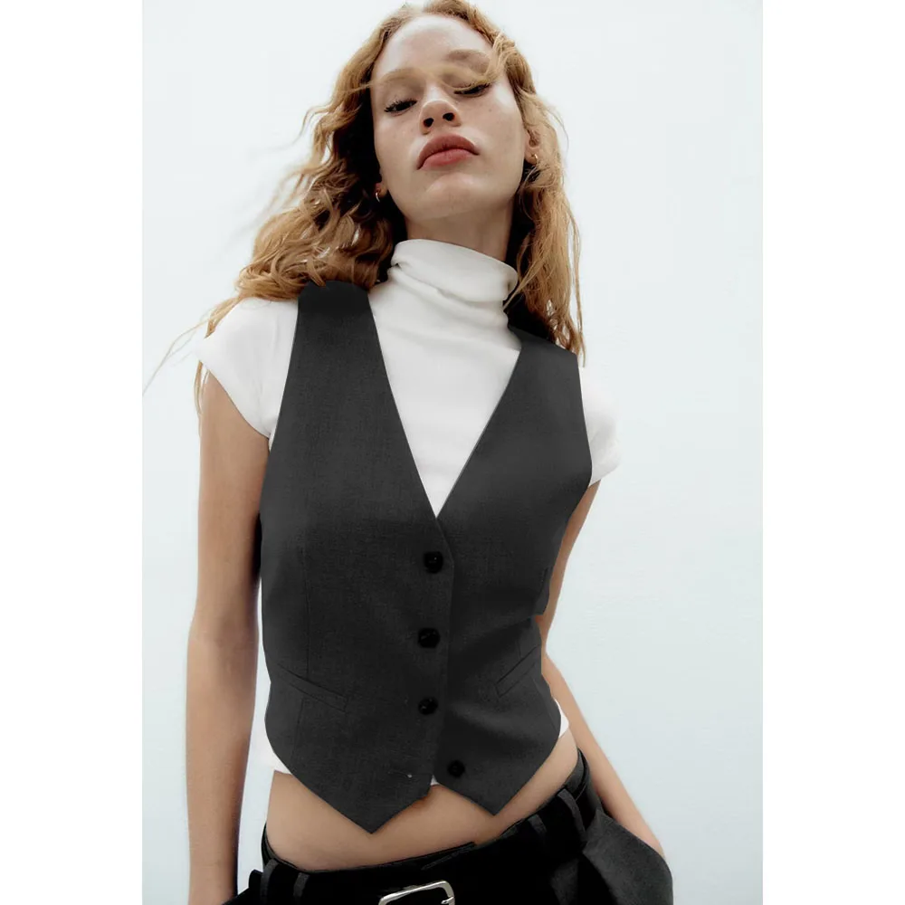 

Women's Single-Breasted Suit Vest Fashion Casual Business Office Clothing Slim Solid Color Short Vest