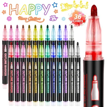 8/12/36/48 Color Double Line Outline Art Pen Marker Pen DIY Graffiti Outline Marker Pen Highlighter Scrapbook Diary Poster Card
