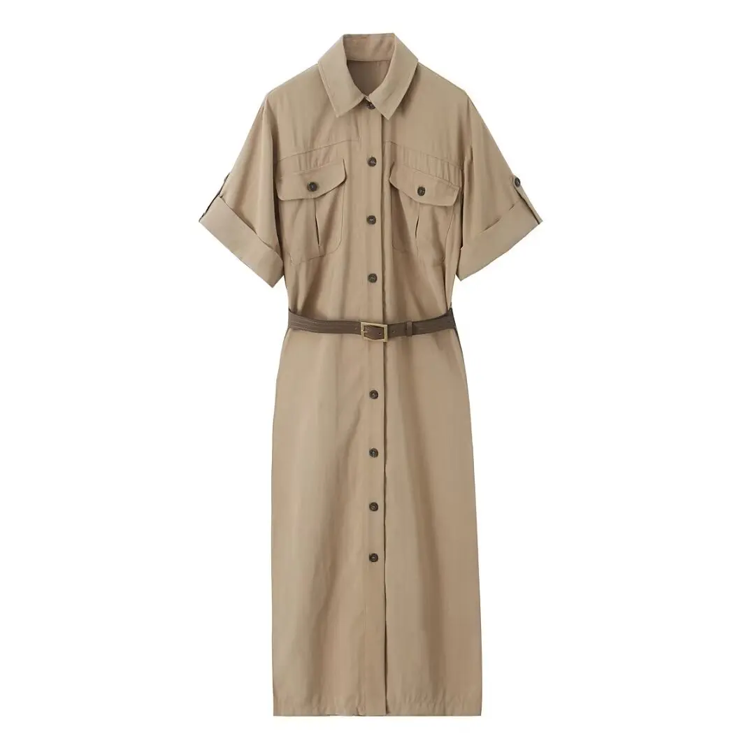 

Women's New Fashion Pocket Decoration with Belt Casual Shirt Style Mid length Dress,Retro Short Sleeve Button up Women's Dress