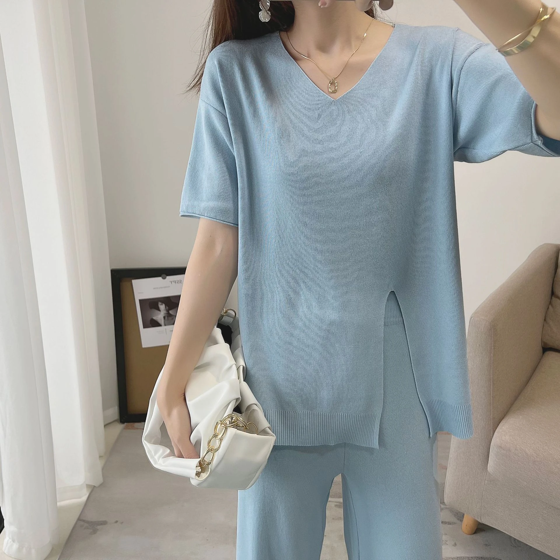 Trouser Suits Summer Sweater Two Piece Set Women V Neck Casual Suit Ladies  Plus Size Designer Style Knitted Outerwear Lazy Oaf| | - AliExpress