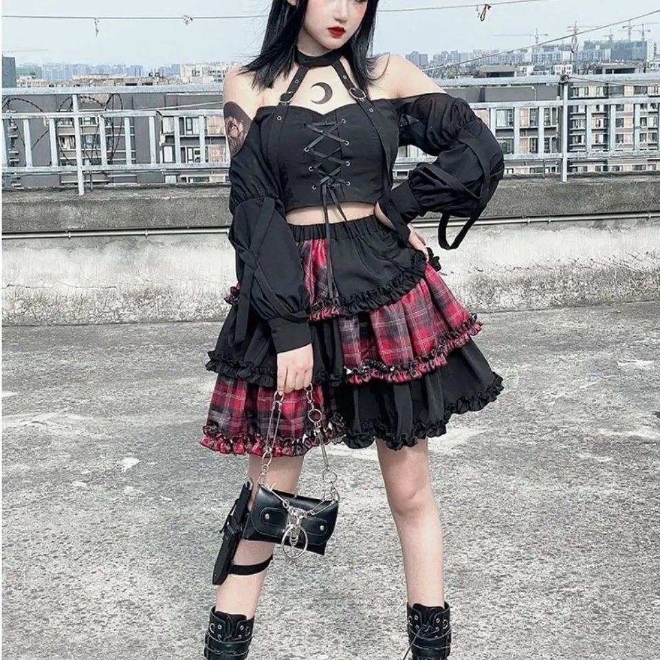 Two-Dimensional Dark Petticoat Cosplay Red Plaid Stitching High Waist A-Line Skirt Punk Spice Girl Rock Skirt Harajuku Skirt