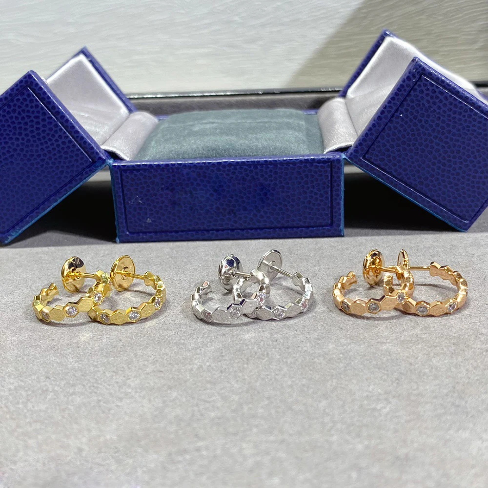 

French luxury brand jewelry 925 sterling silver 18K rose gold BEE MY LOVE series semi diamond honeycomb women's round earrings