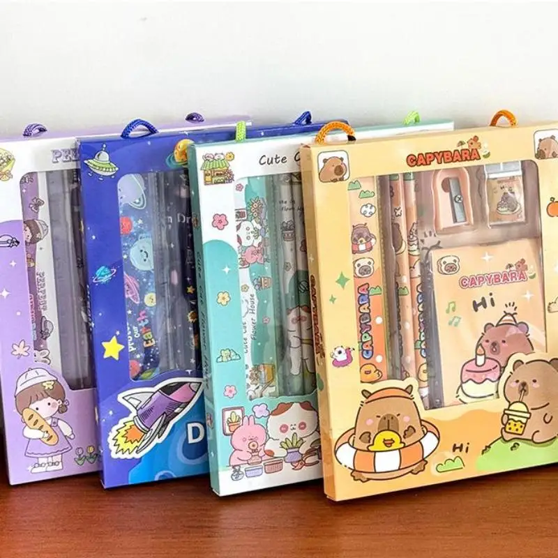 6Pcs/Set Schooes Cute Cartoon Capybara Pencil Stationery Set Kawaii Eraser Pencil Sharpener Children Student Stationery Supplies