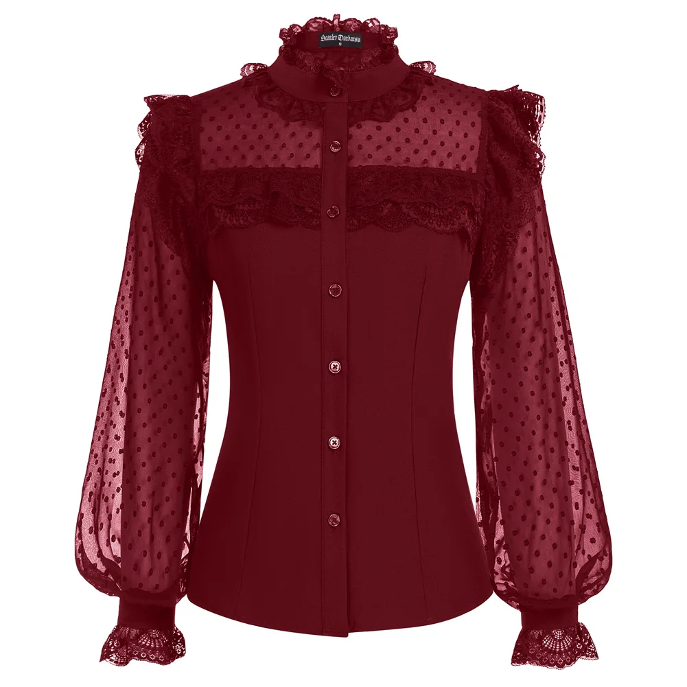 SD Women Renaissance Mesh Patchwork Shirt Dressy Casual Stand Collar Polka Dot Long Sleeve Tops Victorian Lace Up Blosue A30