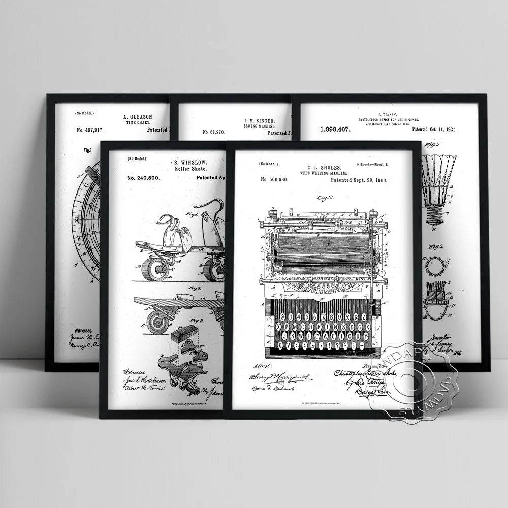 Roller Skate Volano Macchina Da Cucire Tabella Del Tempo Macchina Da Scrivere Blueprint Prints Poster Design Canvas Painting Wall Picture Decor