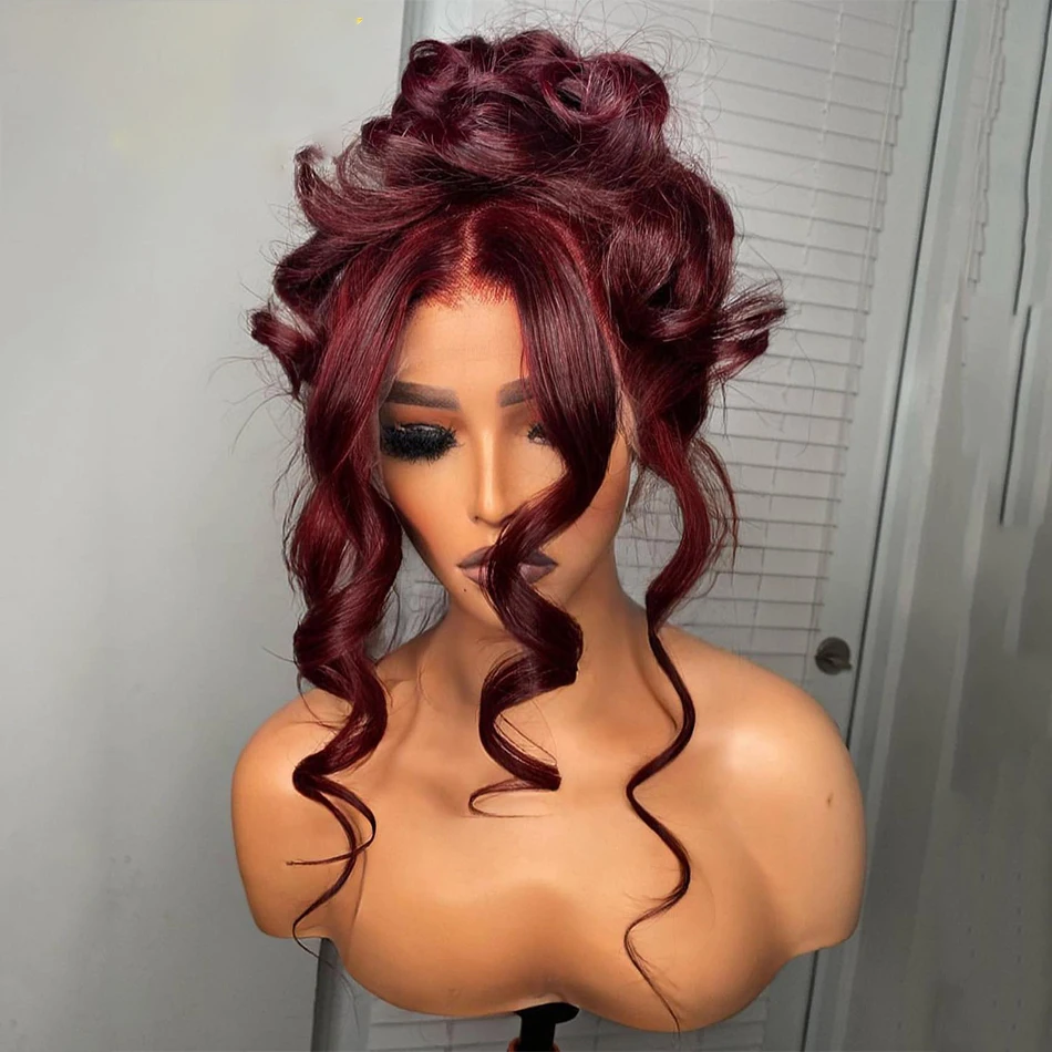 

26" Long 180Density Burgundy Soft Body Wave 99j Lace Front Wig For Black Women BabyHair Glueless Preplucked Heat Resistant Daily