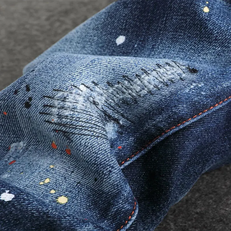 Street Fashion Men Jeans High Quality Retro Dark Blue Stretch Skinny Fit Ripped Jeans Men Painted Designer Hip Hop Brand Pants