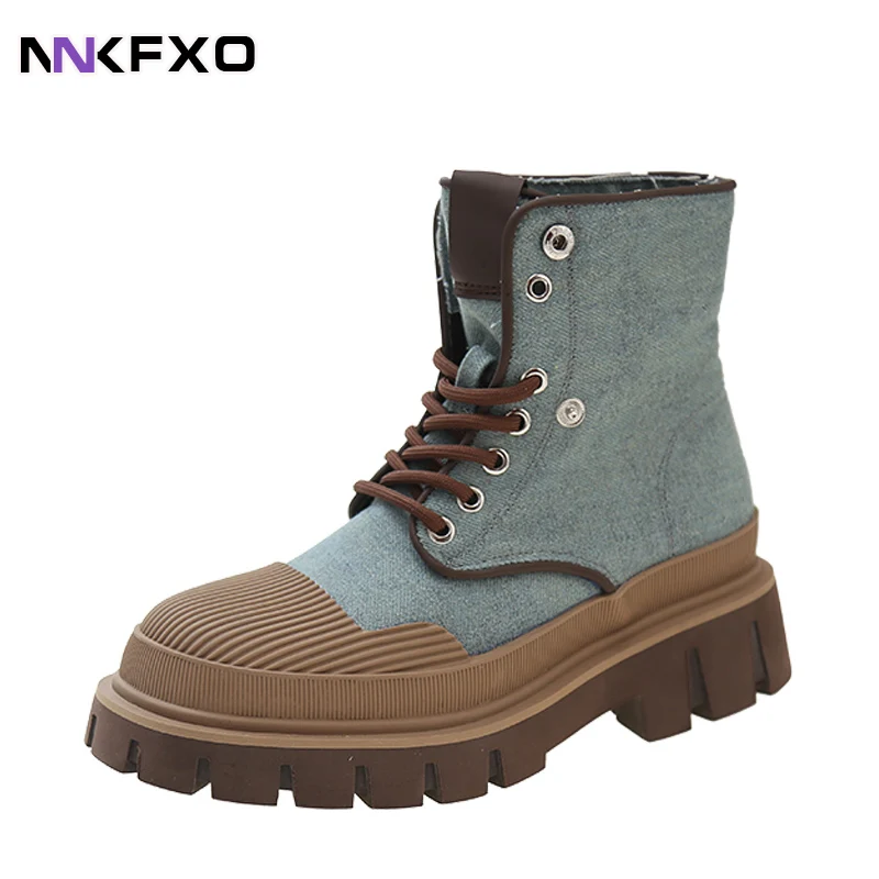 

2023 Women New Fashion Ankel Boots Female Autumn Winter Short Boots Round Toe Thick Sole Platform Boots Denim Fabric Boots QB269
