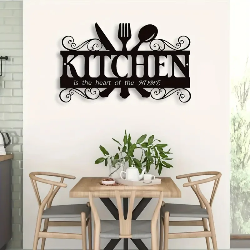 1pc Art Deco Inspired Black Metal Kitchen Wall Art - Elegant Family Theme Hanging Sign with Heartfelt Message 1