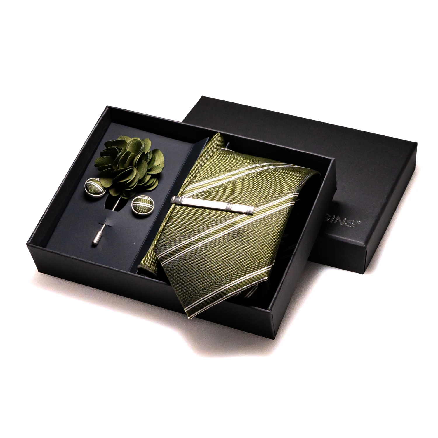 Silk Ties for Men Luxury Dark Green Stripes Wedding Accessories Mens Necktie Pocket Square Cufflinks Pin And Elegant Gift Box neck tie pocket square