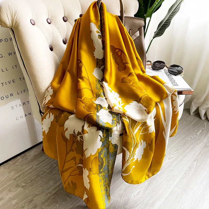 

Popular Satin Print Silk Scarves Europe And America Beach Towel Four Seasons 180X90CM Bandannas 2023 Fashion Flower Long Shawls
