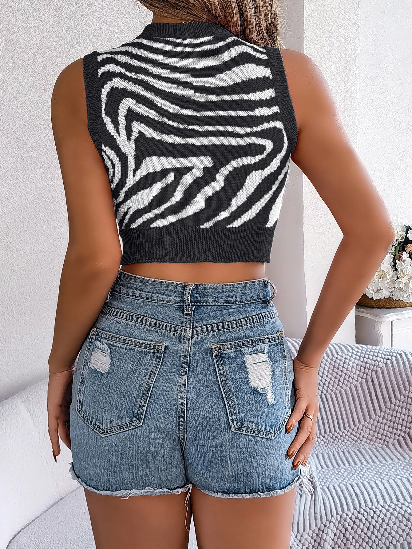 Women Zebra Print Crop Top Vest Summer Street Wear