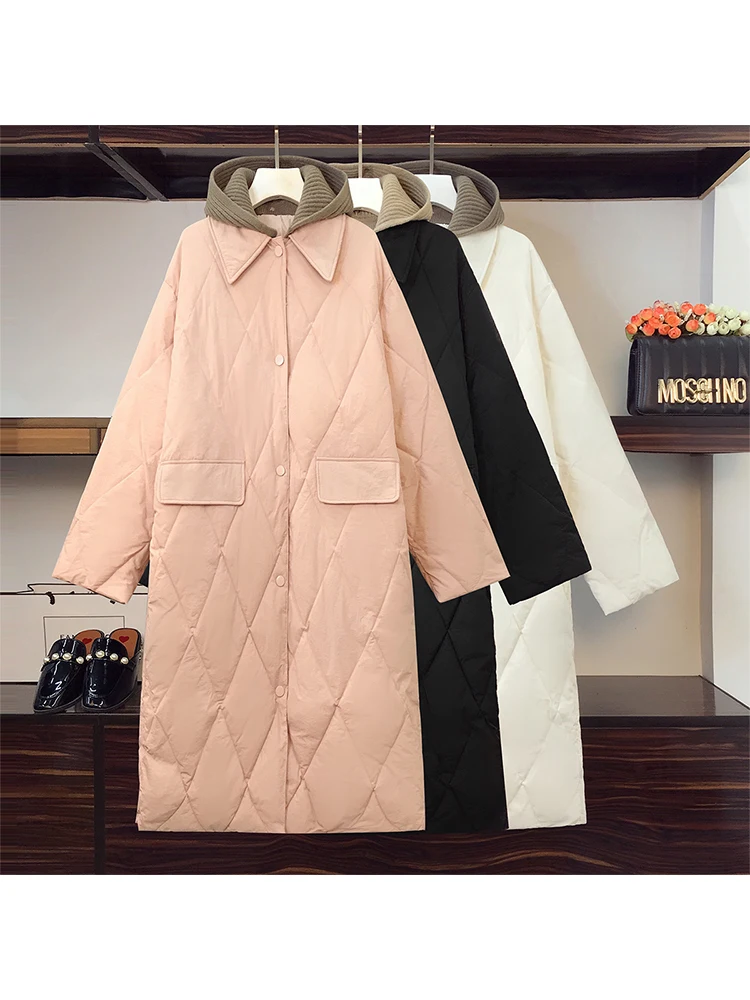 

2022 Korean Women Down Coats Loose Duck Down Thick Jackets Solid High Waist Warm Casual Long Hooded Down Jacket