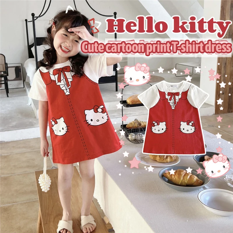 

Sanrio Hellokitty Cotton Children's T-Shirt Dress Baby Girl 2023 Summer New Cartoon Printed Short Sleeve Medium Length Model