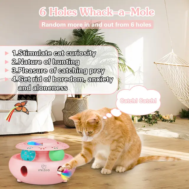INKZOO 4-in-1 Interactive Cat Toys for Indoor Cats, Automatic 6 Holes Mice Whack-A-Mole, Fluttering Butterfly, Track Balls, USB 3