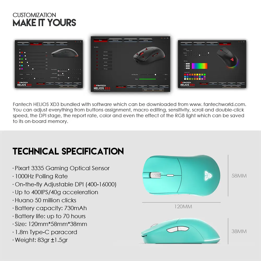 FANTECH HELIOS XD3 Wireless Gaming Mouse PIXART 3335 Adjustable 16000DPI 70 hours of use 6D Macro Wired Mice for PC Laptop